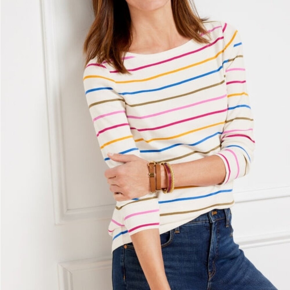 Talbots Bateau Neck 3/4-Sleeve Tee in Multi-Colored Shoreham Stripe - 3X